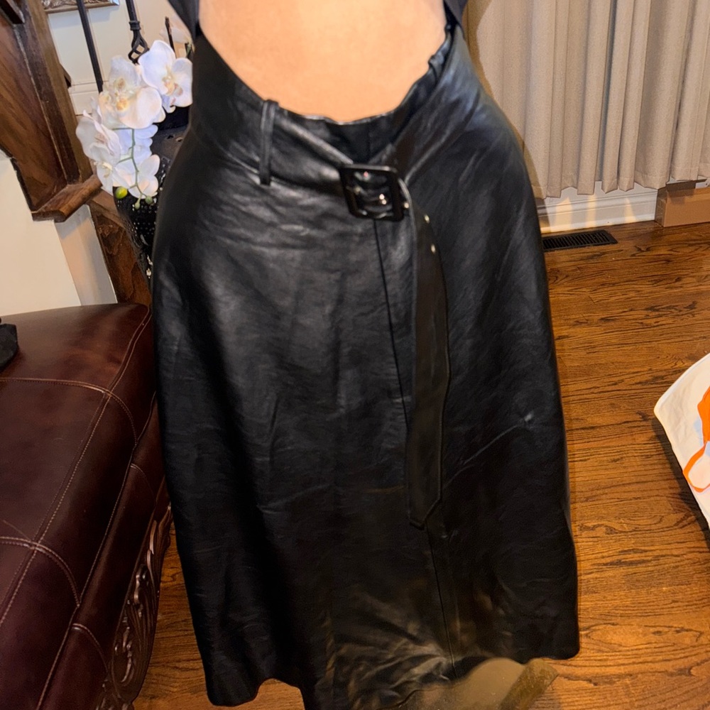 Philosophy Black Leather Midi Skirt with Buckle Detail